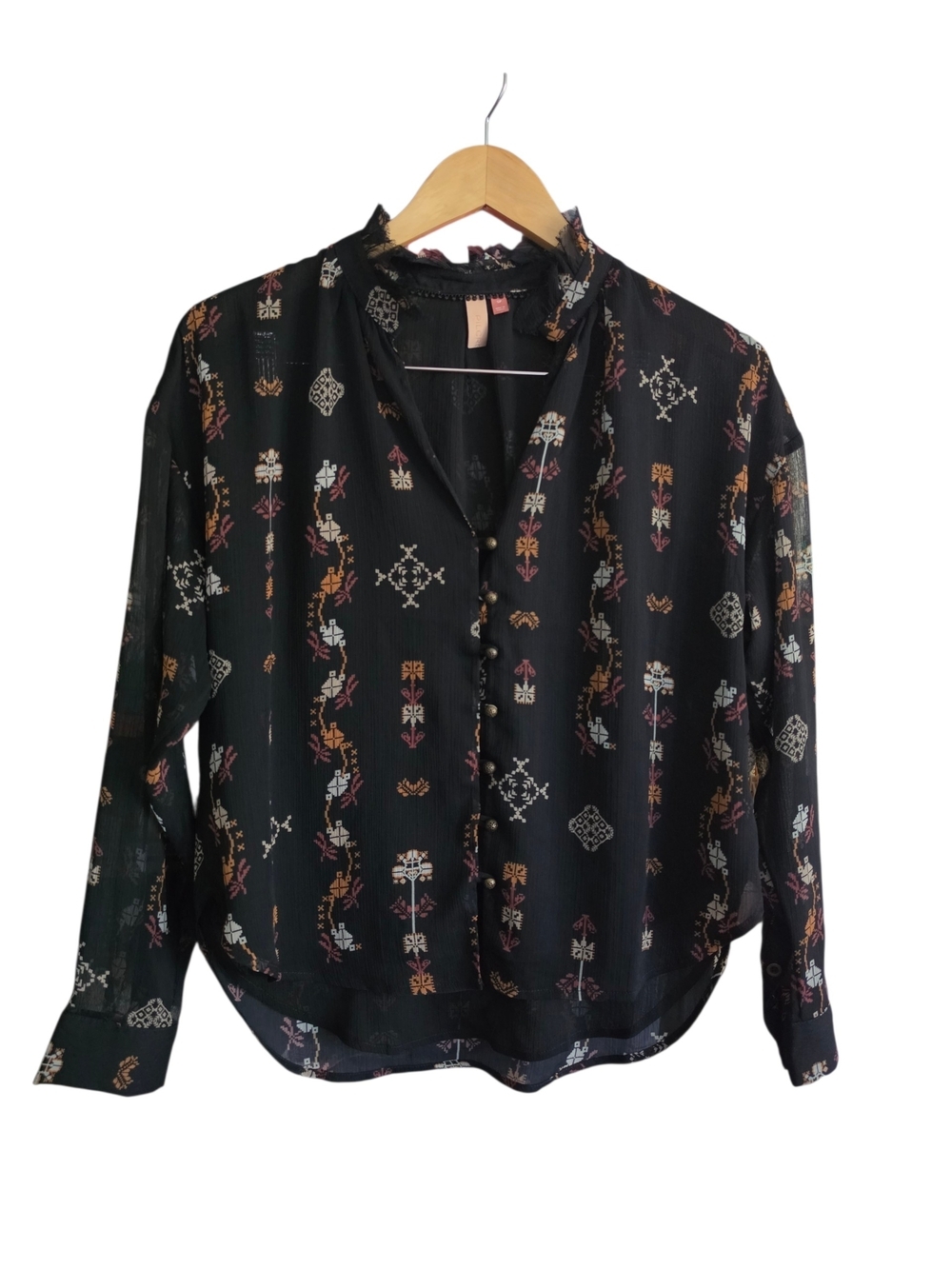 Pilcro Black Printed Ruffle-Neck Button Blouse